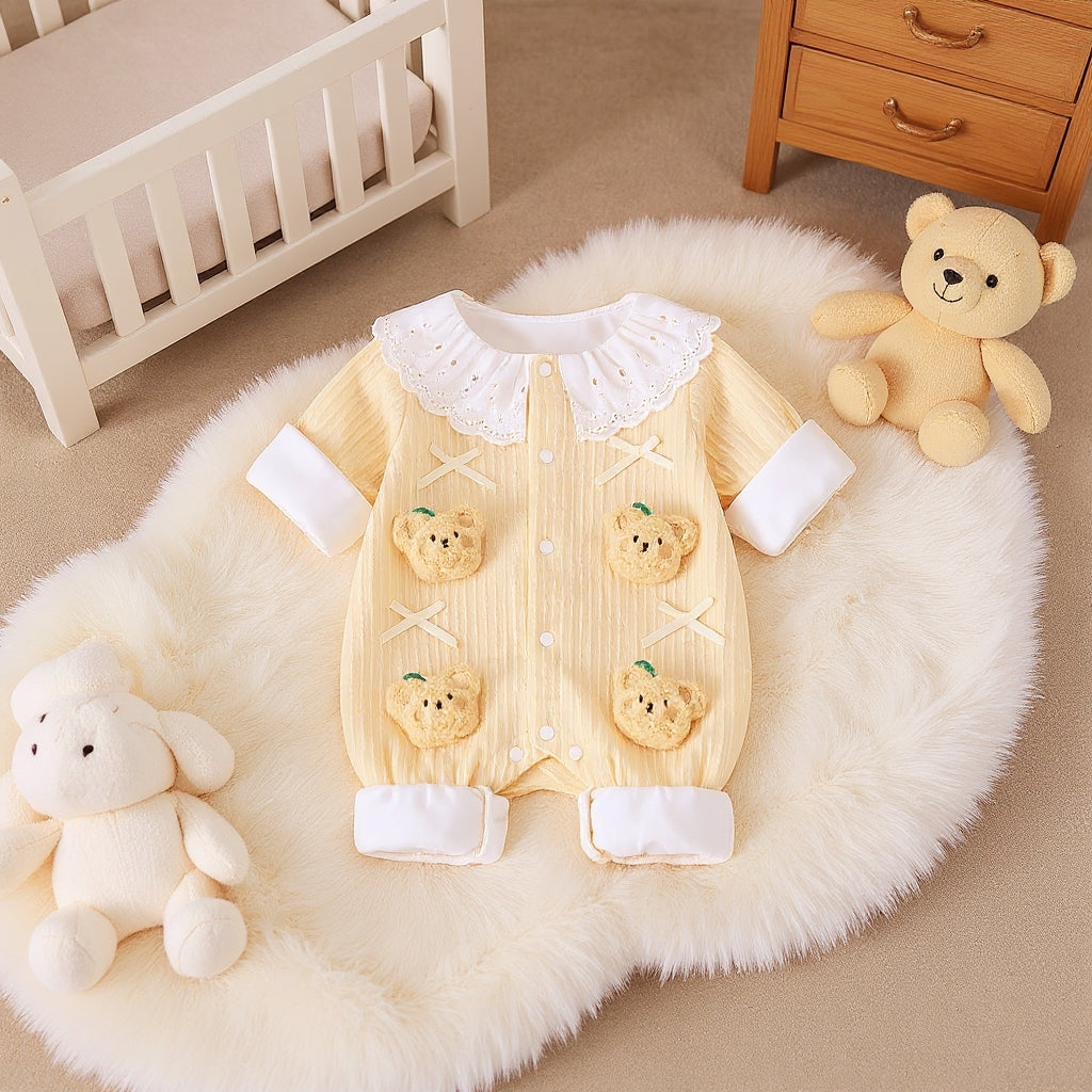 Summer Journey Baby Romper – Pink, Light Yellow & Beige Cute Teddy Cotton Outfit (C
