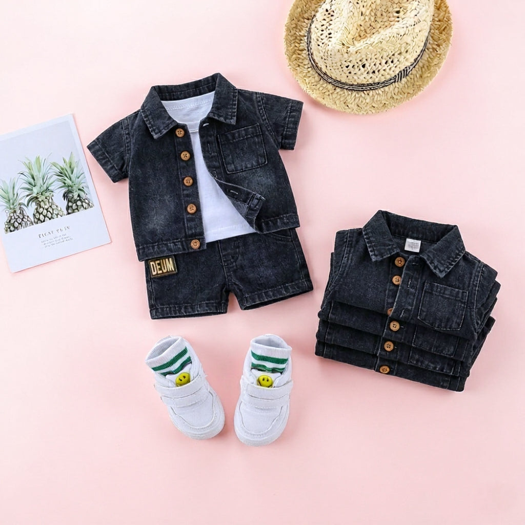 Baby & Kids Denim Co-ord Set | Shirt + T-Shirt + Shorts | Unisex (8M–5Y)