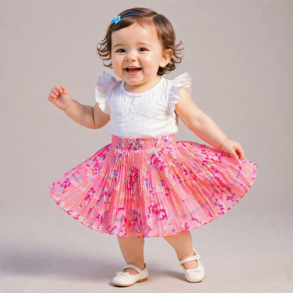 Baby Girls Pink Floral Pleated Skirt | Soft Elastic Waist | Cute Stylish Single Piece Skirt