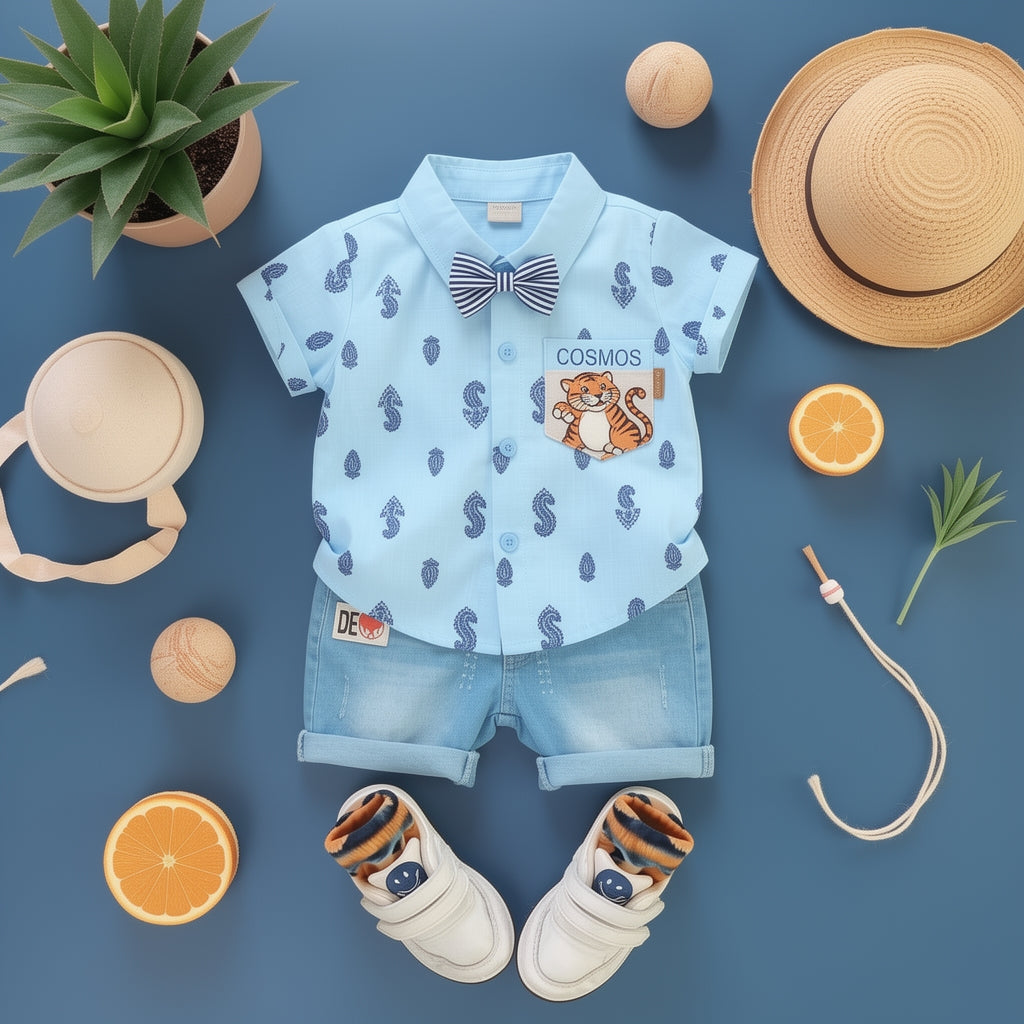 Baby Boys Formal Summer Outfit Set with Bow Tie & Shorts – Available in White, Black & Sky Blue