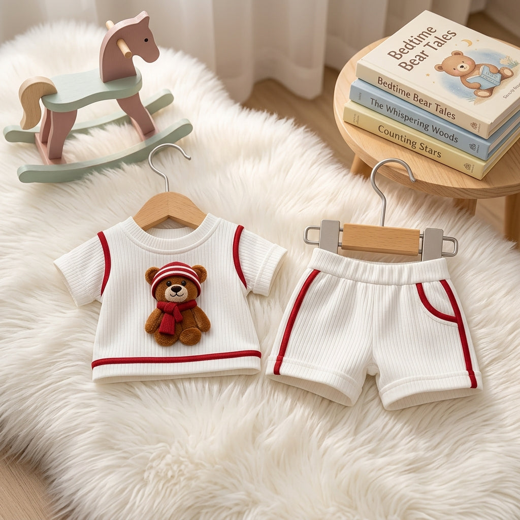 Cute Teddy Bear White & Red Ribbed Co-ord Set for Babies 🧸