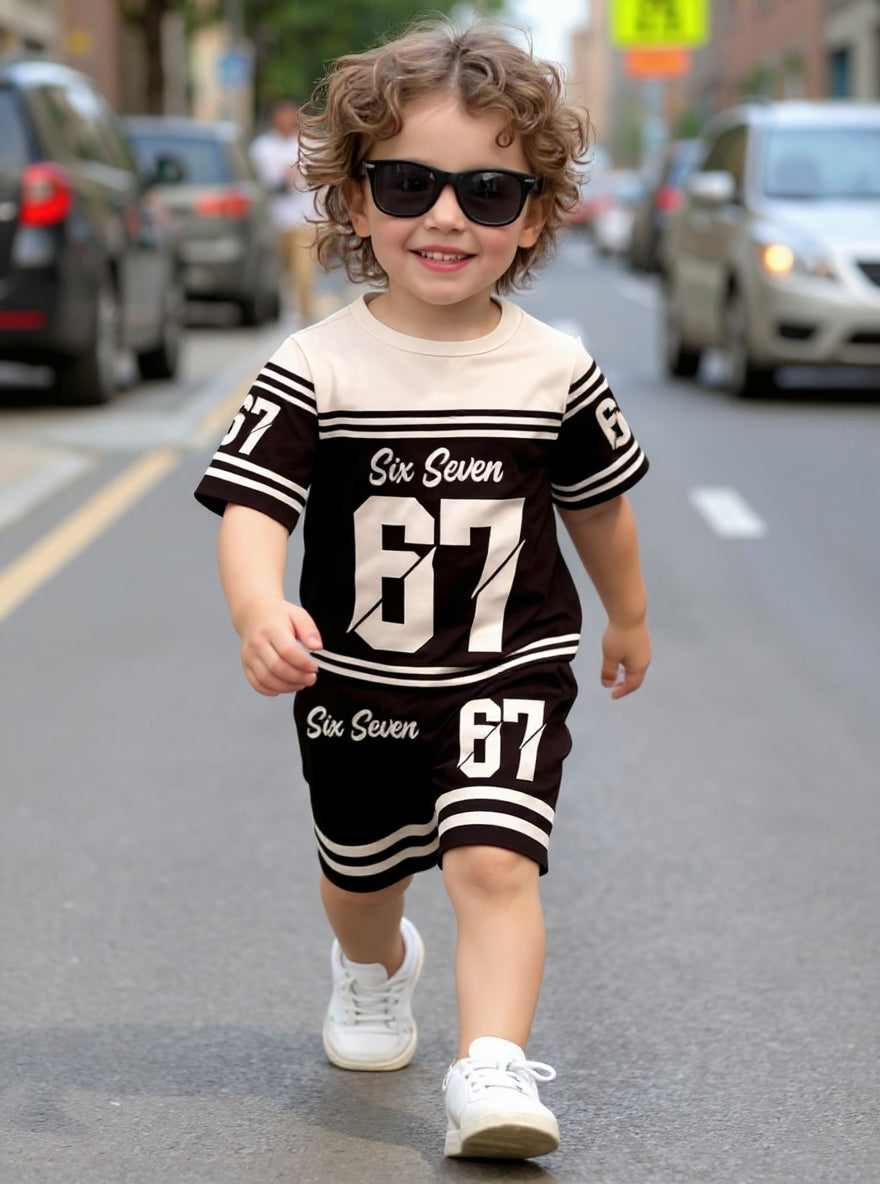 Cute Six Seven 67 Kids Summer Co-Ord Set | Soft Cotton T-Shirt & Shorts Outfit for Boys & Girls