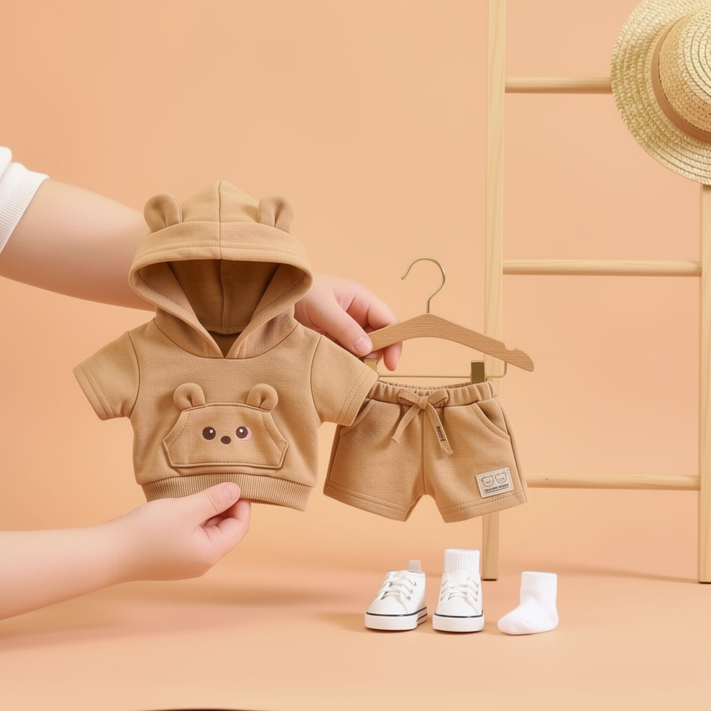 Adorable Bear-Ear Hoodie & Shorts Co-ord Set for Babies – Soft Cotton, Cute Pouch Pocket Design (Cream/Brown)