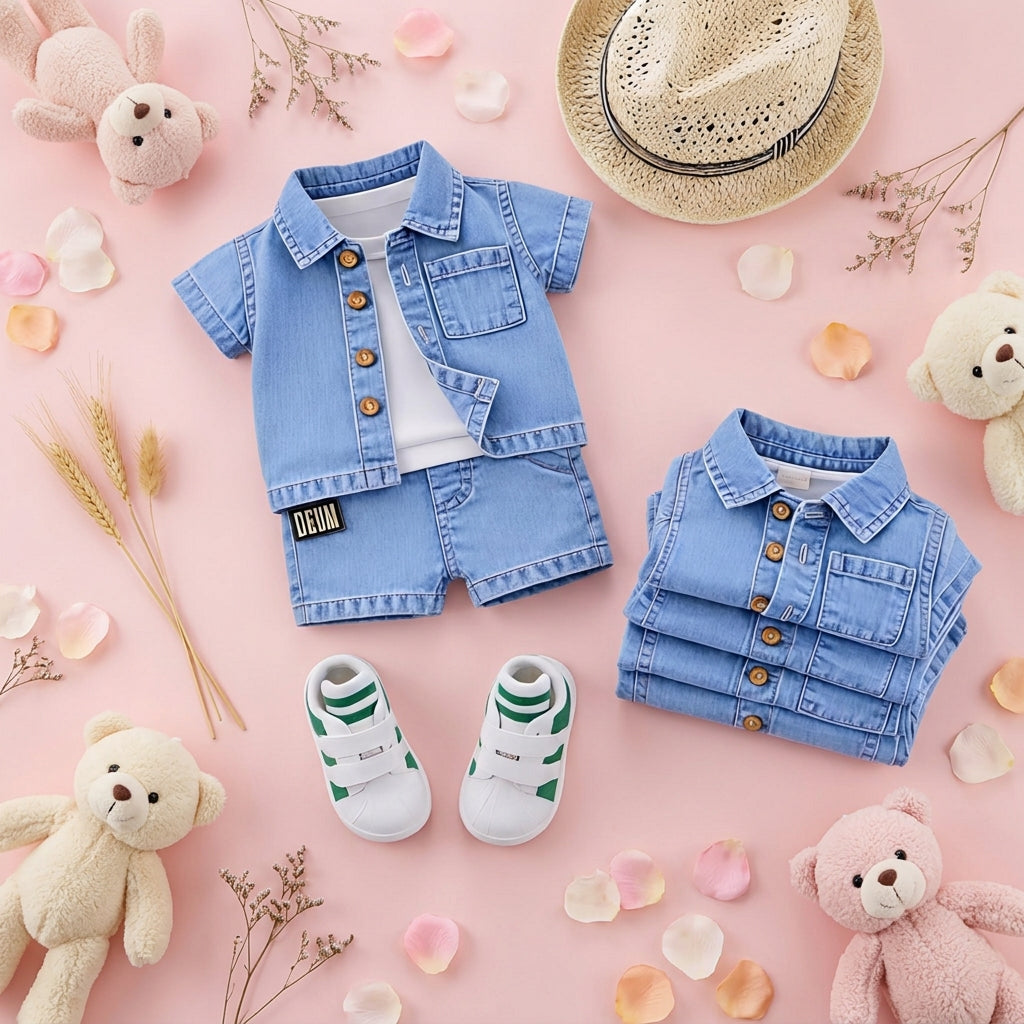 ✨ Cute Baby Denim Outfit Set – Shirt, T-Shirt & Shorts Combo 👶💙