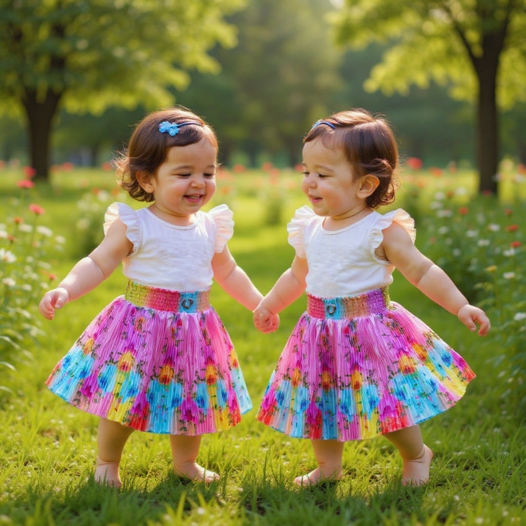 Baby Girls Single Piece Floral Pleated Satin Skirt with Elastic Waist & Inner Lining (Astar) – 100% Quality Guaranteed