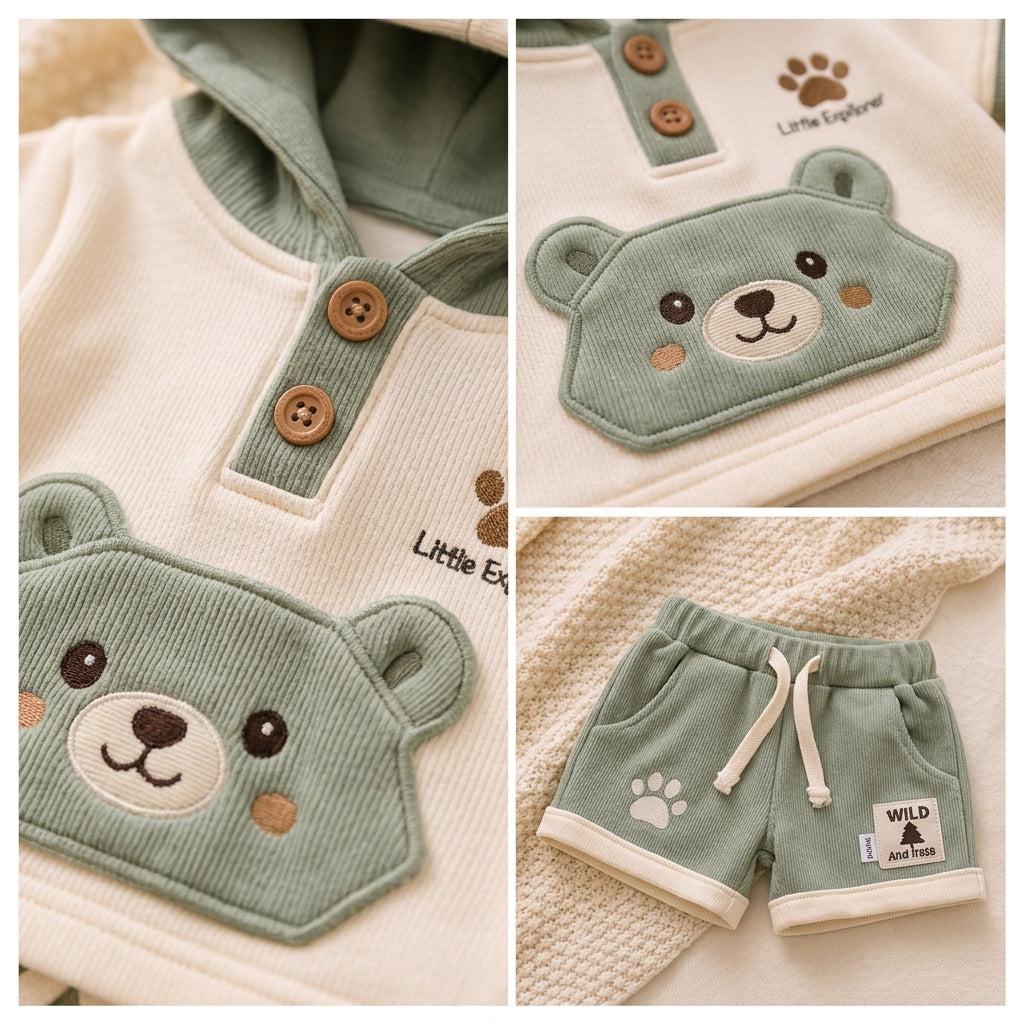 🐻 Baby Bear Hoodie Co-ord Set – Cute 3D Ear Hoodie T-Shirt & Shorts | Little Explorer Print | Available in Sage Green & Beige Brown