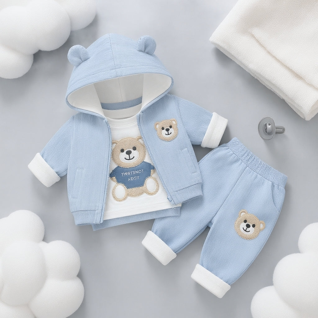 🧸 Cute Bear Hoodie 3-Piece Baby Clothing Set | Soft Cotton Blend Jacket, T-Shirt & Jogger Pant | Premium Kids Outfit | Unisex | All Season Wear (0-5 Years)