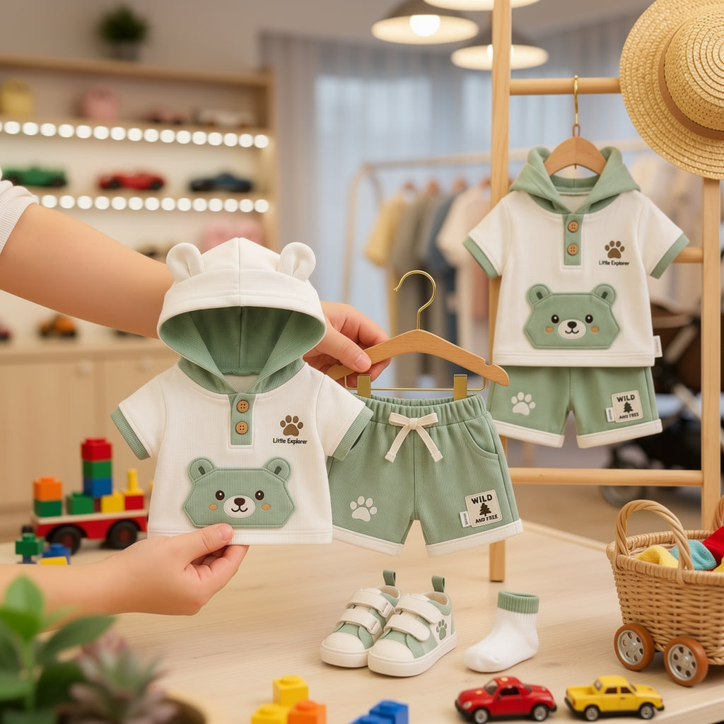 🐻 Baby Bear Hoodie Co-ord Set – Cute 3D Ear Hoodie T-Shirt & Shorts | Little Explorer Print | Available in Sage Green & Beige Brown