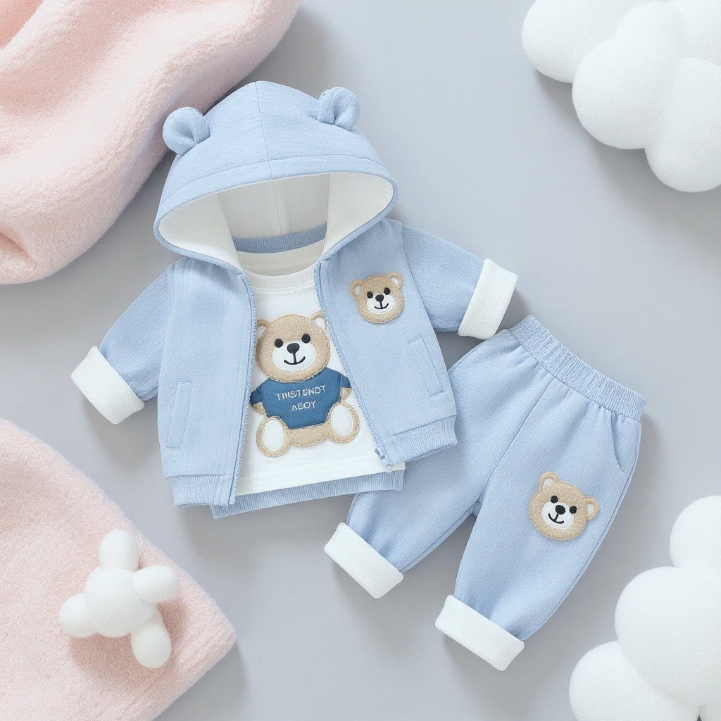🧸 Cute Bear Hoodie 3-Piece Baby Clothing Set | Soft Cotton Blend Jacket, T-Shirt & Jogger Pant | Premium Kids Outfit | Unisex | All Season Wear (0-5 Years)