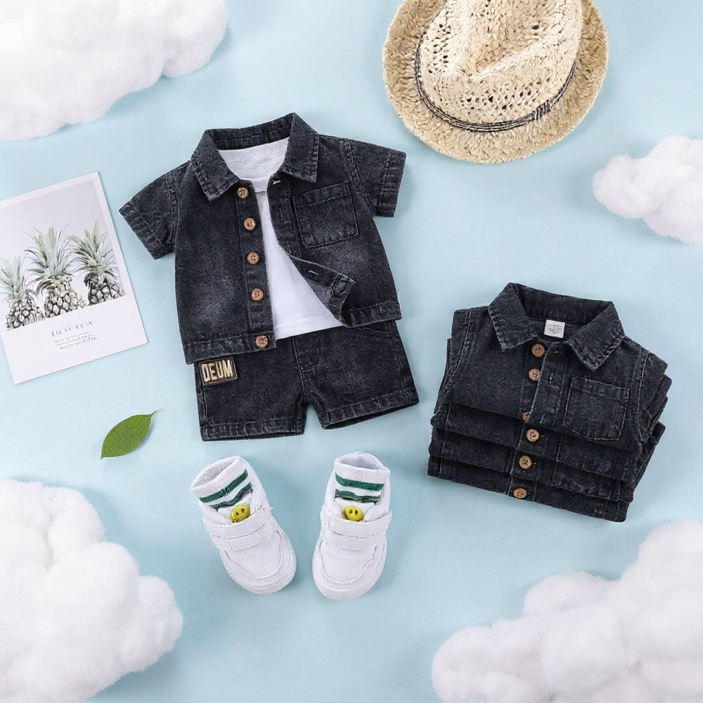 Baby & Kids Denim Co-ord Set | Shirt + T-Shirt + Shorts | Unisex (8M–5Y)