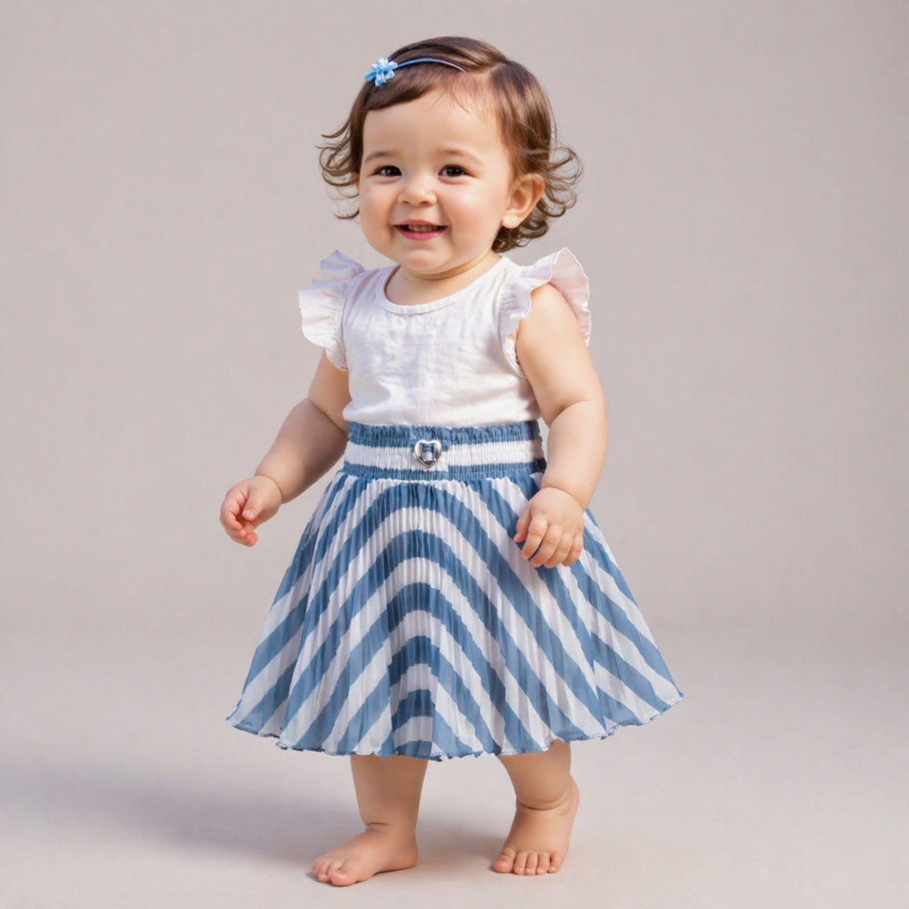 Baby Girls Blue & White Striped Pleated Skirt | Soft Elastic Waist | Stylish Single Piece Skirt