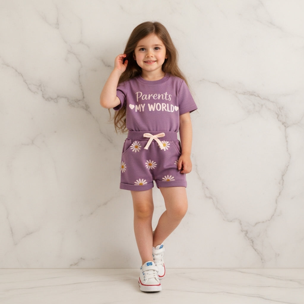 🌸 Parents My World Kids Summer Co-Ord Set 💖 | Soft Cotton T-Shirt & Daisy Shorts Combo (3 Colors, 0–5 Years)