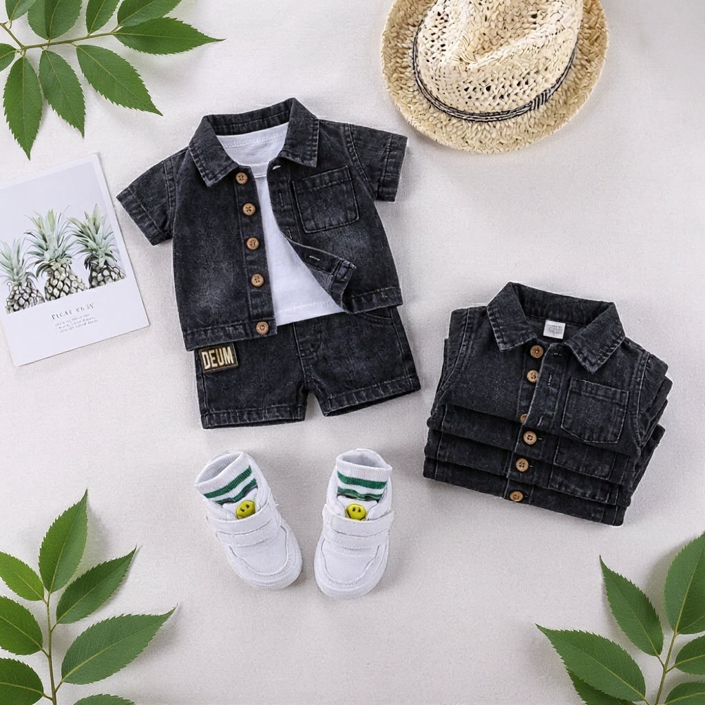 Baby & Kids Denim Co-ord Set | Shirt + T-Shirt + Shorts | Unisex (8M–5Y)