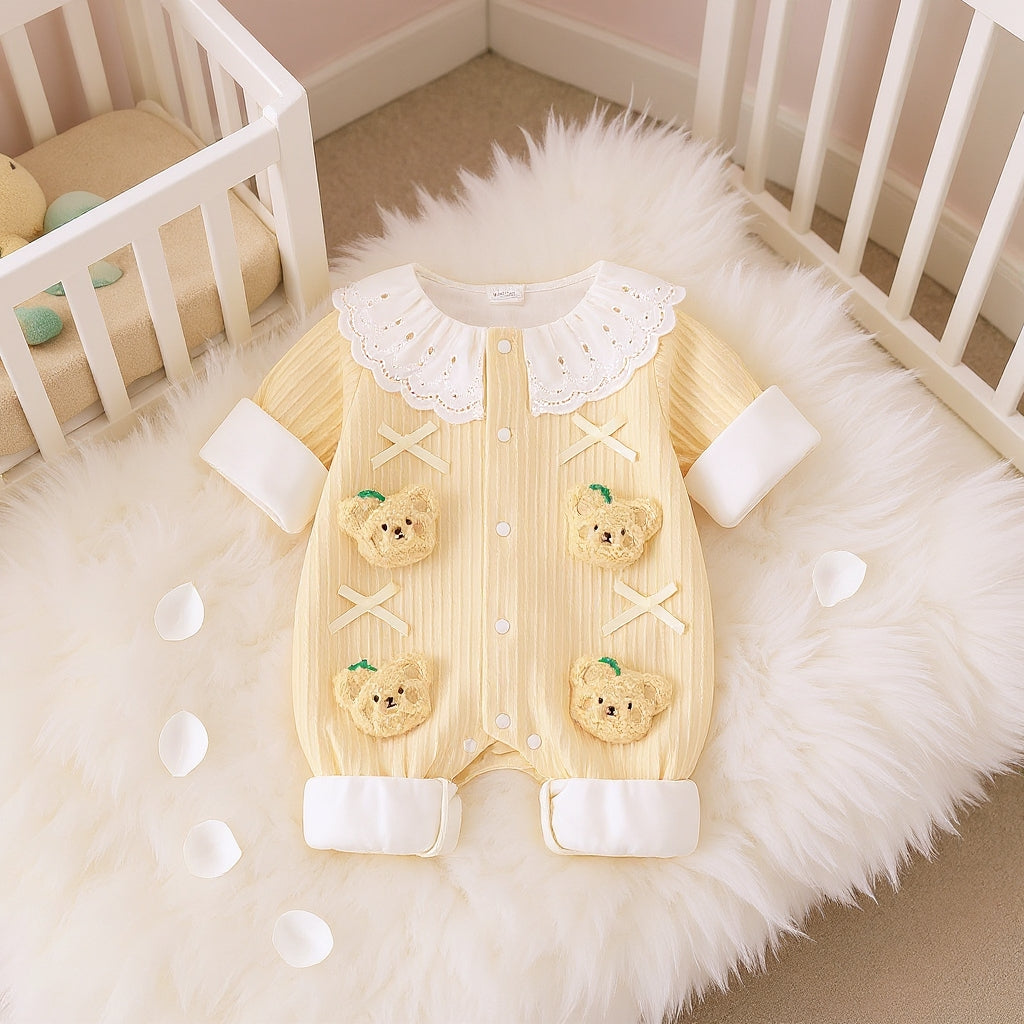Summer Journey Baby Romper – Pink, Light Yellow & Beige Cute Teddy Cotton Outfit (C