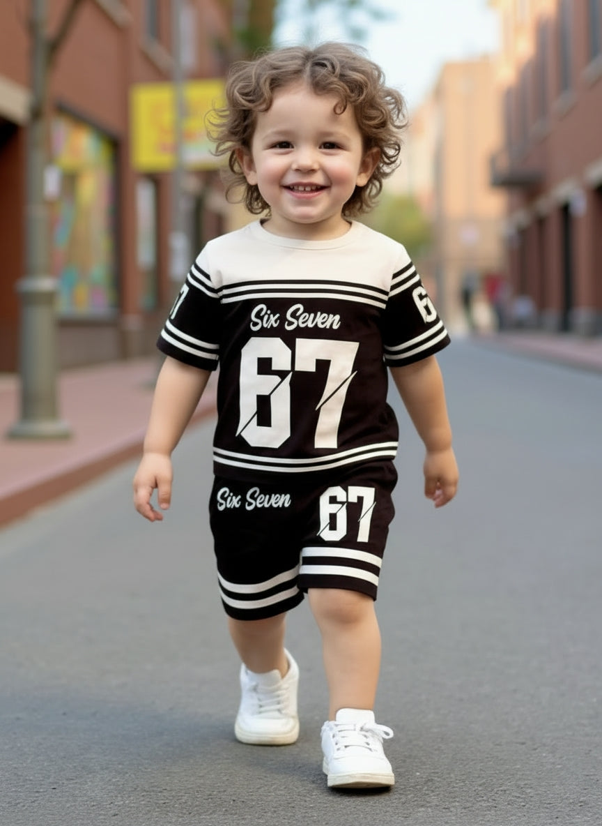 Cute Six Seven 67 Kids Summer Co-Ord Set | Soft Cotton T-Shirt & Shorts Outfit for Boys & Girls