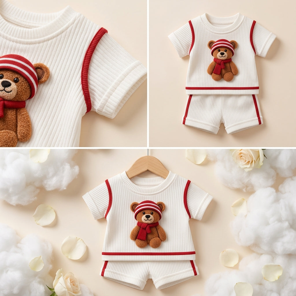 Cute Teddy Bear White & Red Ribbed Co-ord Set for Babies 🧸
