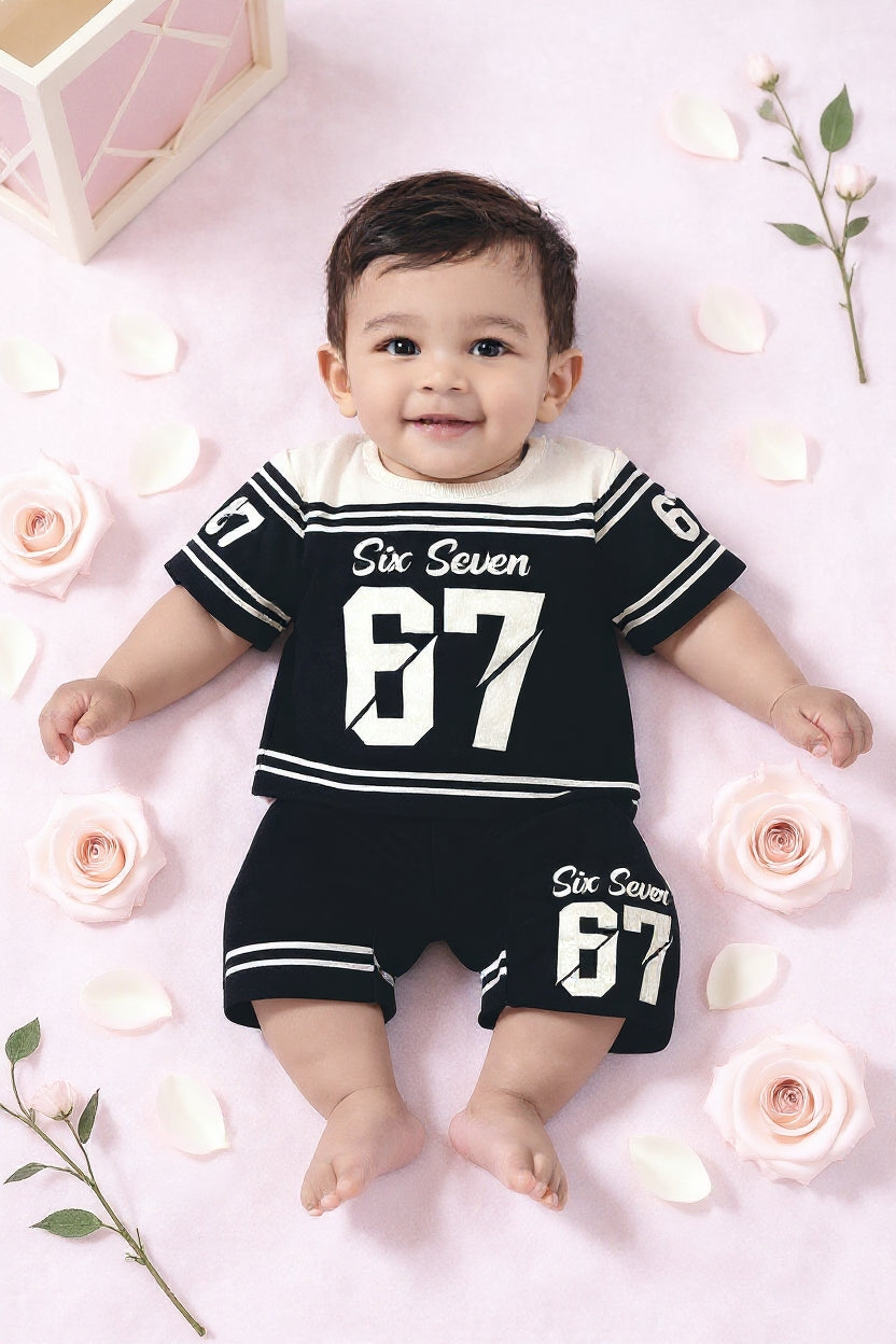 Cute Six Seven 67 Kids Summer Co-Ord Set | Soft Cotton T-Shirt & Shorts Outfit for Boys & Girls