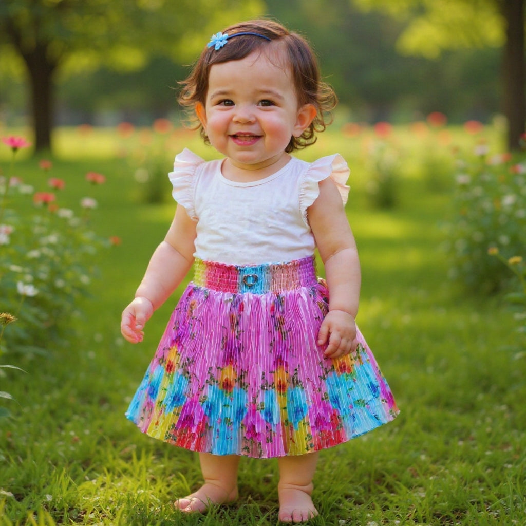 Baby Girls Single Piece Floral Pleated Satin Skirt with Elastic Waist & Inner Lining (Astar) – 100% Quality Guaranteed