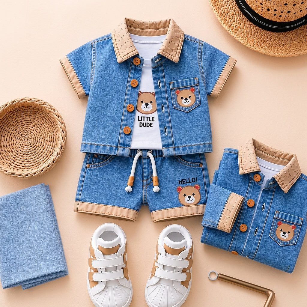 Baby Boys Denim Bear Printed Shirt & Shorts Set 💙🐻
