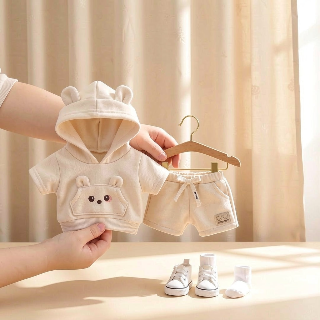 Adorable Bear-Ear Hoodie & Shorts Co-ord Set for Babies – Soft Cotton, Cute Pouch Pocket Design (Cream/Brown)
