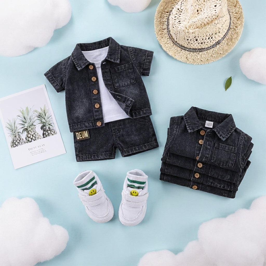 Baby & Kids Denim Co-ord Set | Shirt + T-Shirt + Shorts | Unisex (8M–5Y)