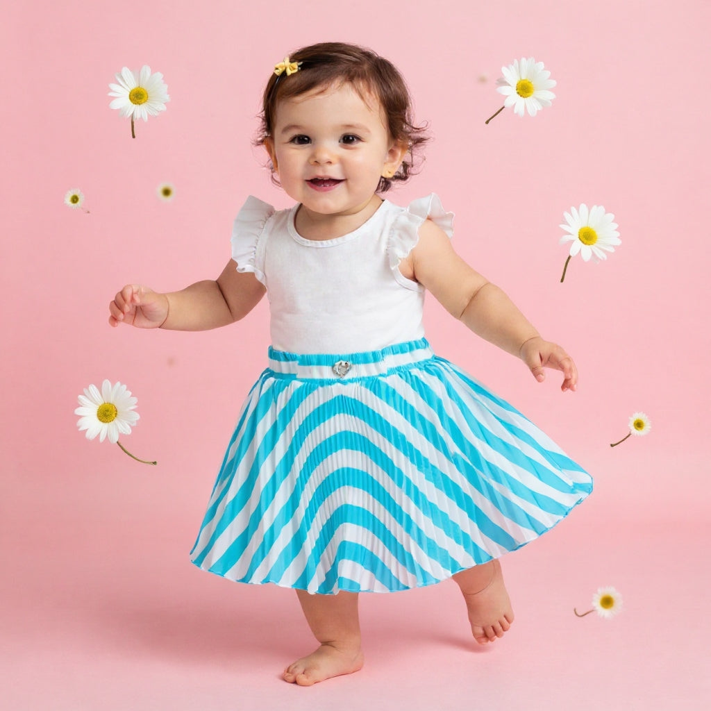Baby Girls Teal Blue Striped Skirt – Single Piece Only | Elegant Pleated Skirt for 1–4 Years