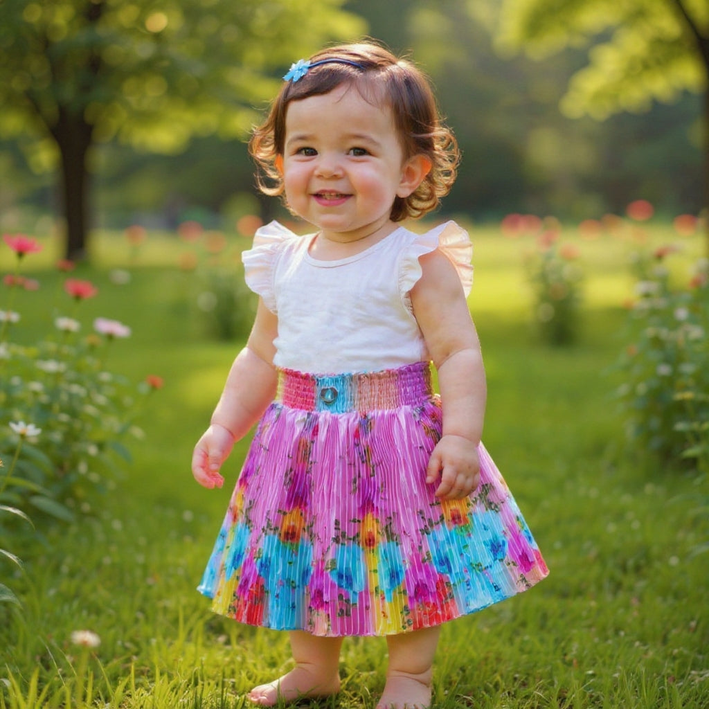 Baby Girls Single Piece Floral Pleated Satin Skirt with Elastic Waist & Inner Lining (Astar) – 100% Quality Guaranteed