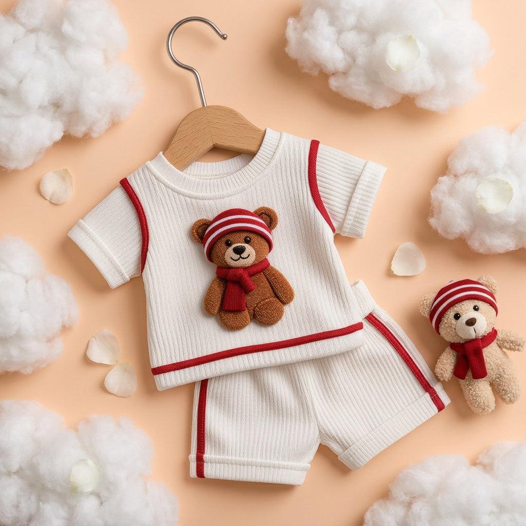 Cute Teddy Bear White & Red Ribbed Co-ord Set for Babies 🧸