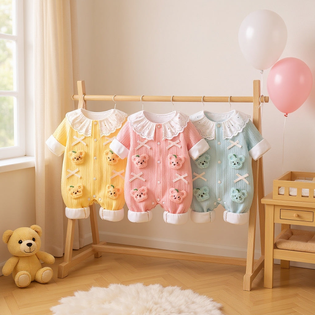 Summer Journey Baby Romper – Pink, Light Yellow & Beige Cute Teddy Cotton Outfit (C