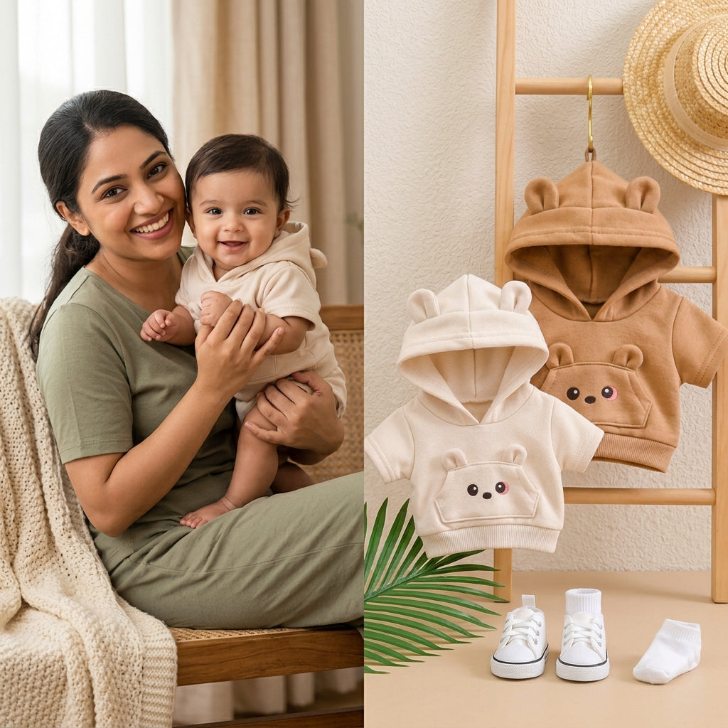 Adorable Bear-Ear Hoodie & Shorts Co-ord Set for Babies – Soft Cotton, Cute Pouch Pocket Design (Cream/Brown)