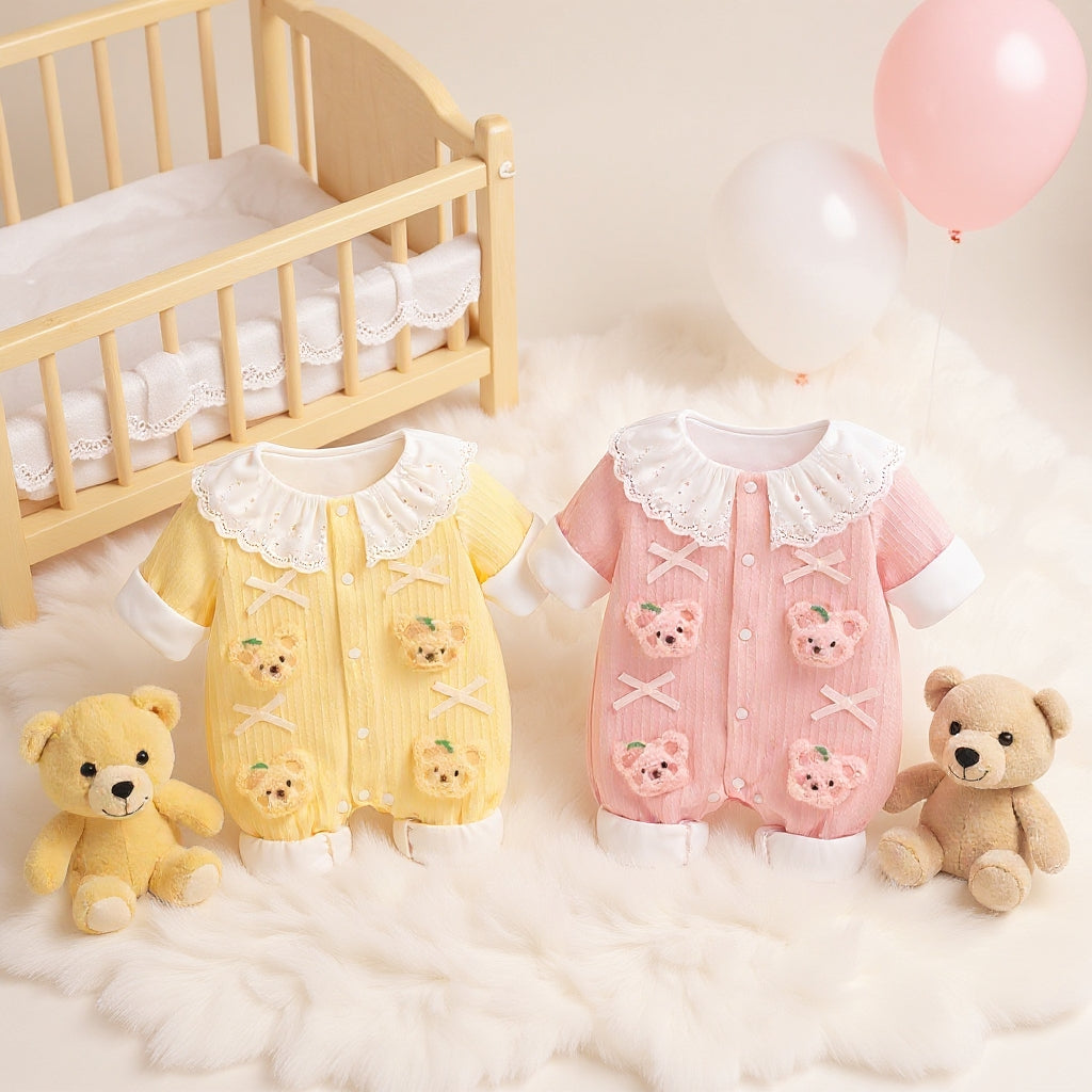 Summer Journey Baby Romper – Pink, Light Yellow & Beige Cute Teddy Cotton Outfit (C