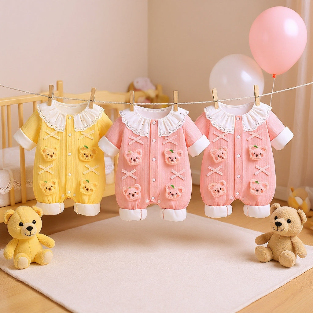 Summer Journey Baby Romper – Pink, Light Yellow & Beige Cute Teddy Cotton Outfit (C
