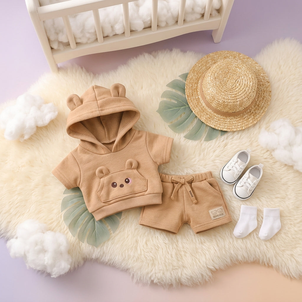 Adorable Bear-Ear Hoodie & Shorts Co-ord Set for Babies – Soft Cotton, Cute Pouch Pocket Design (Cream/Brown)