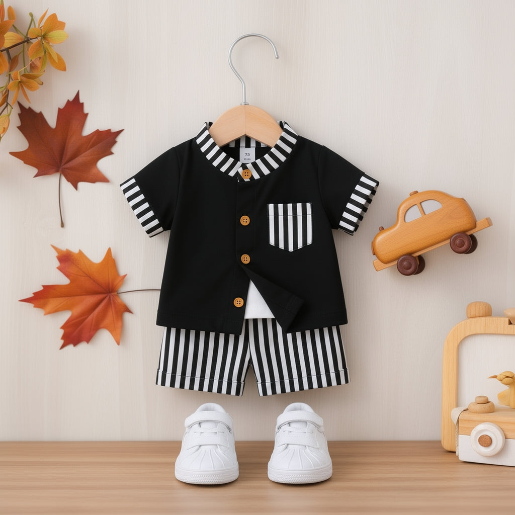 Stylish Kids Summer Co-ord Set | Black & White Striped Half Sleeve Shirt & Shorts Outfit