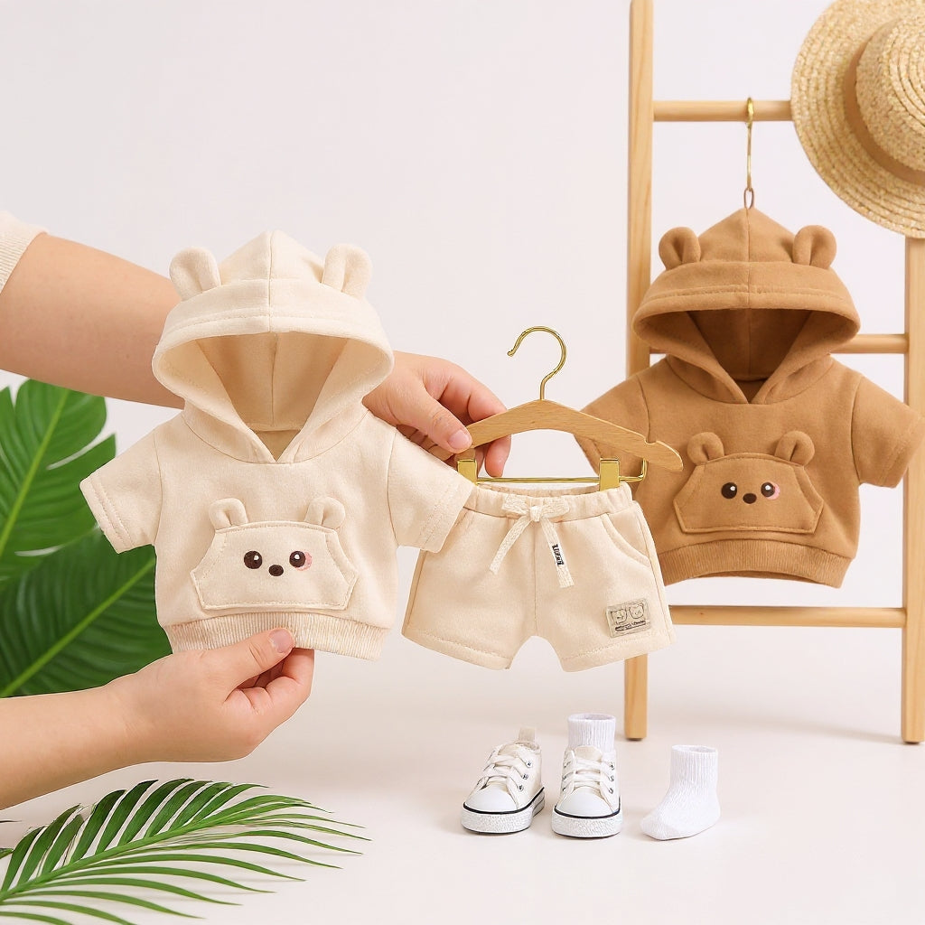 Adorable Bear-Ear Hoodie & Shorts Co-ord Set for Babies – Soft Cotton, Cute Pouch Pocket Design (Cream/Brown)