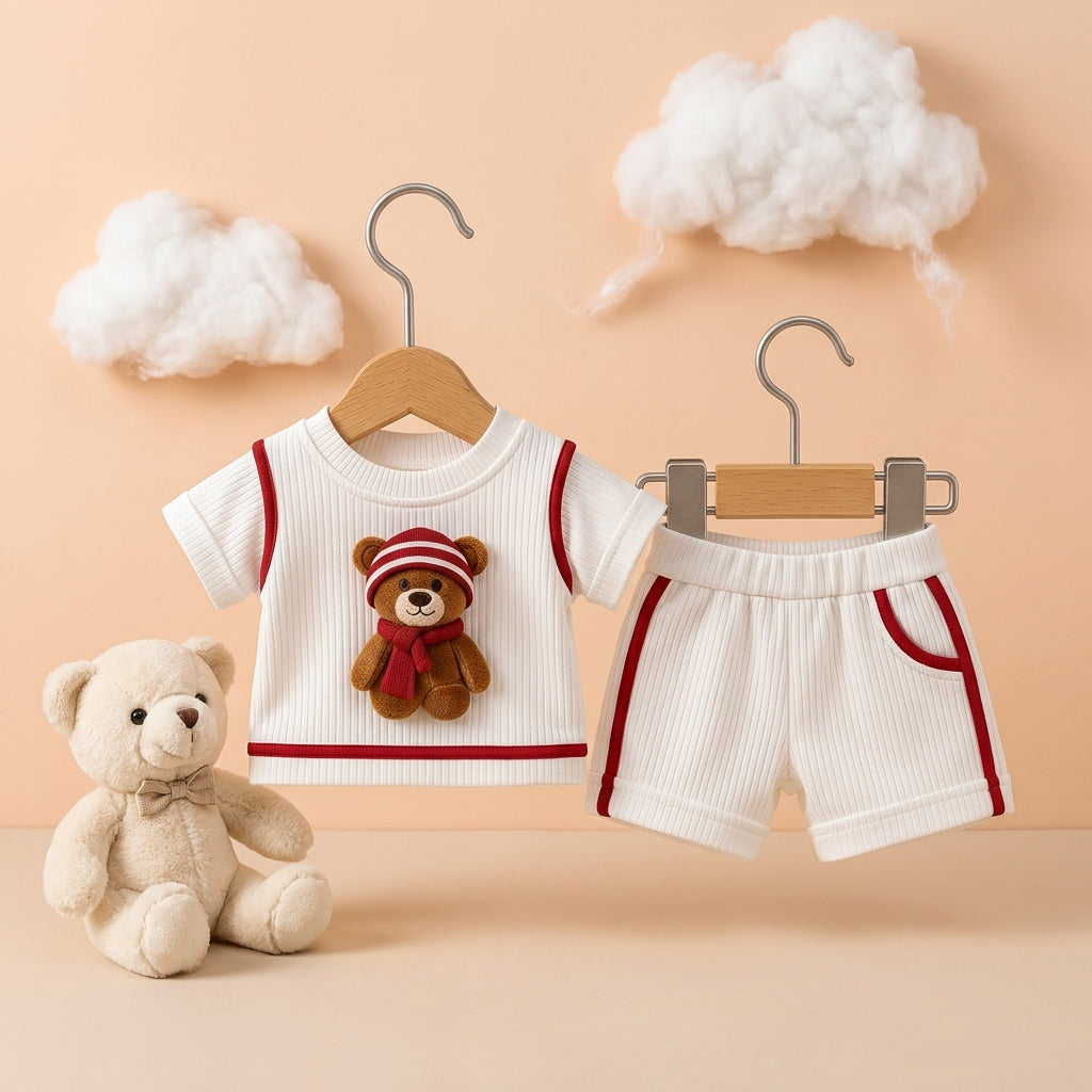 Cute Teddy Bear White & Red Ribbed Co-ord Set for Babies 🧸