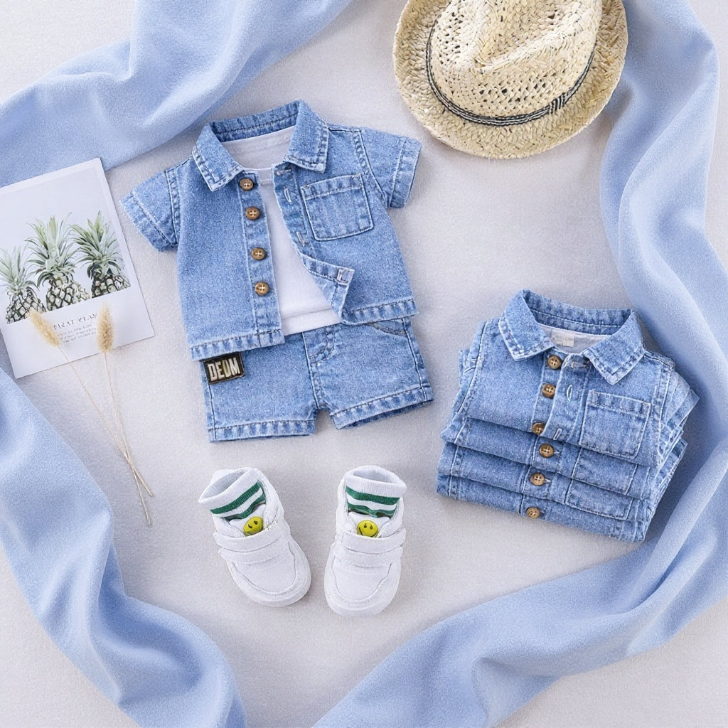 ✨ Cute Baby Denim Outfit Set – Shirt, T-Shirt & Shorts Combo 👶💙