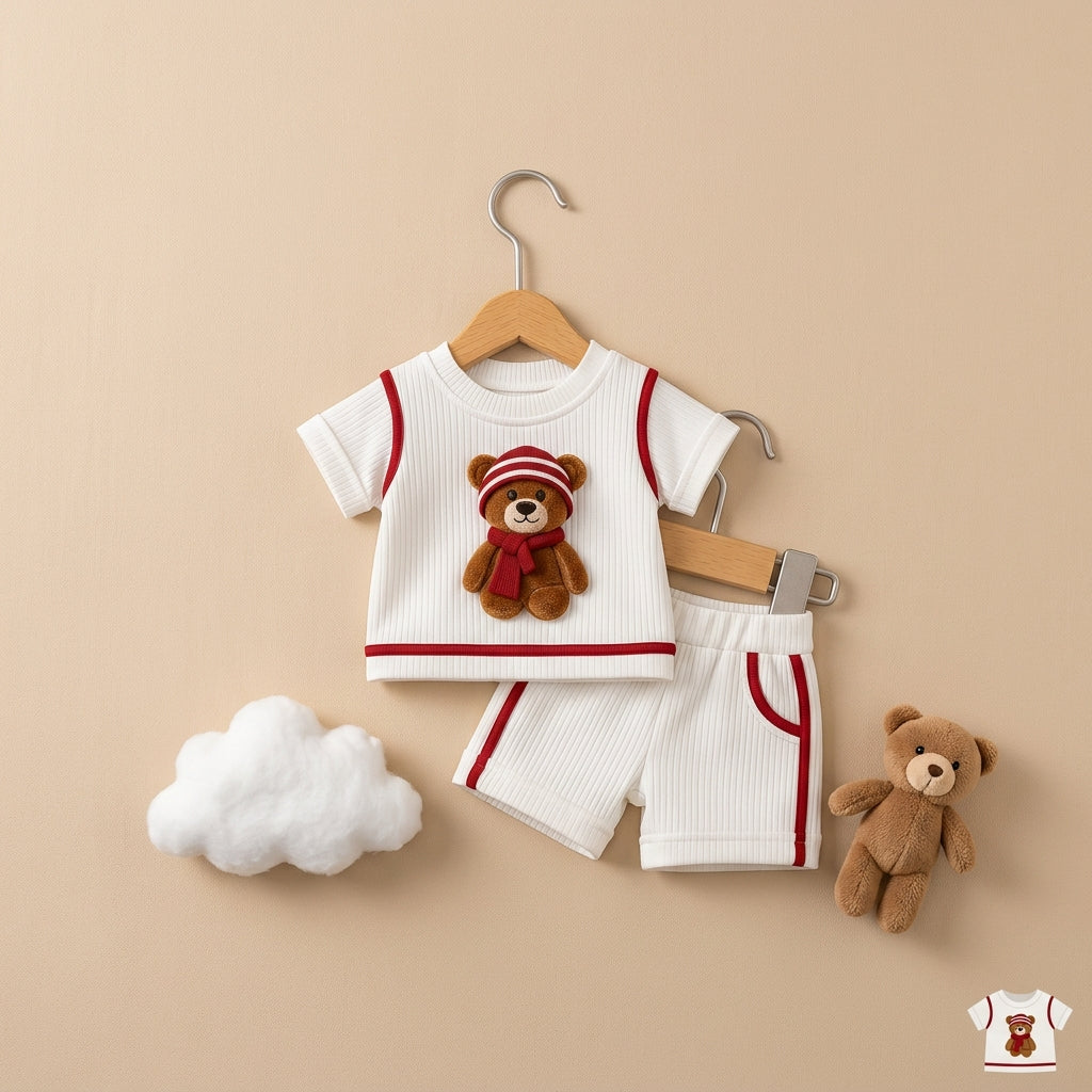 Cute Teddy Bear White & Red Ribbed Co-ord Set for Babies 🧸