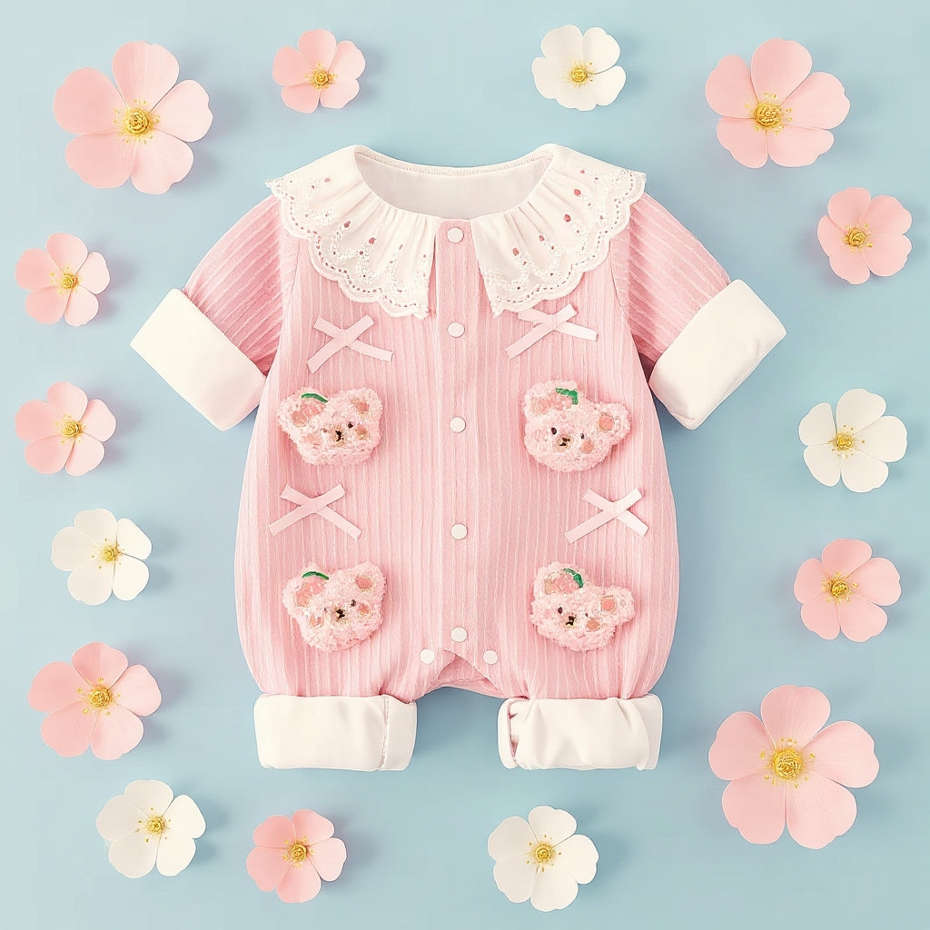 Summer Journey Baby Romper – Pink, Light Yellow & Beige Cute Teddy Cotton Outfit (C