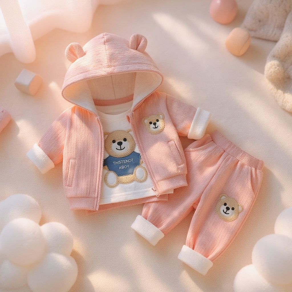 🧸 Cute Bear Hoodie 3-Piece Baby Clothing Set | Soft Cotton Blend Jacket, T-Shirt & Jogger Pant | Premium Kids Outfit | Unisex | All Season Wear (0-5 Years)