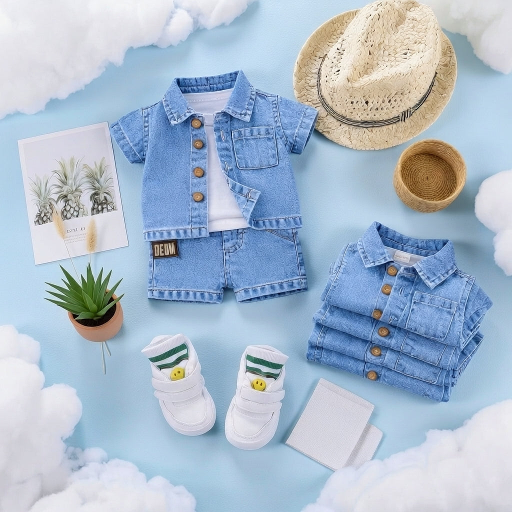 ✨ Cute Baby Denim Outfit Set – Shirt, T-Shirt & Shorts Combo 👶💙