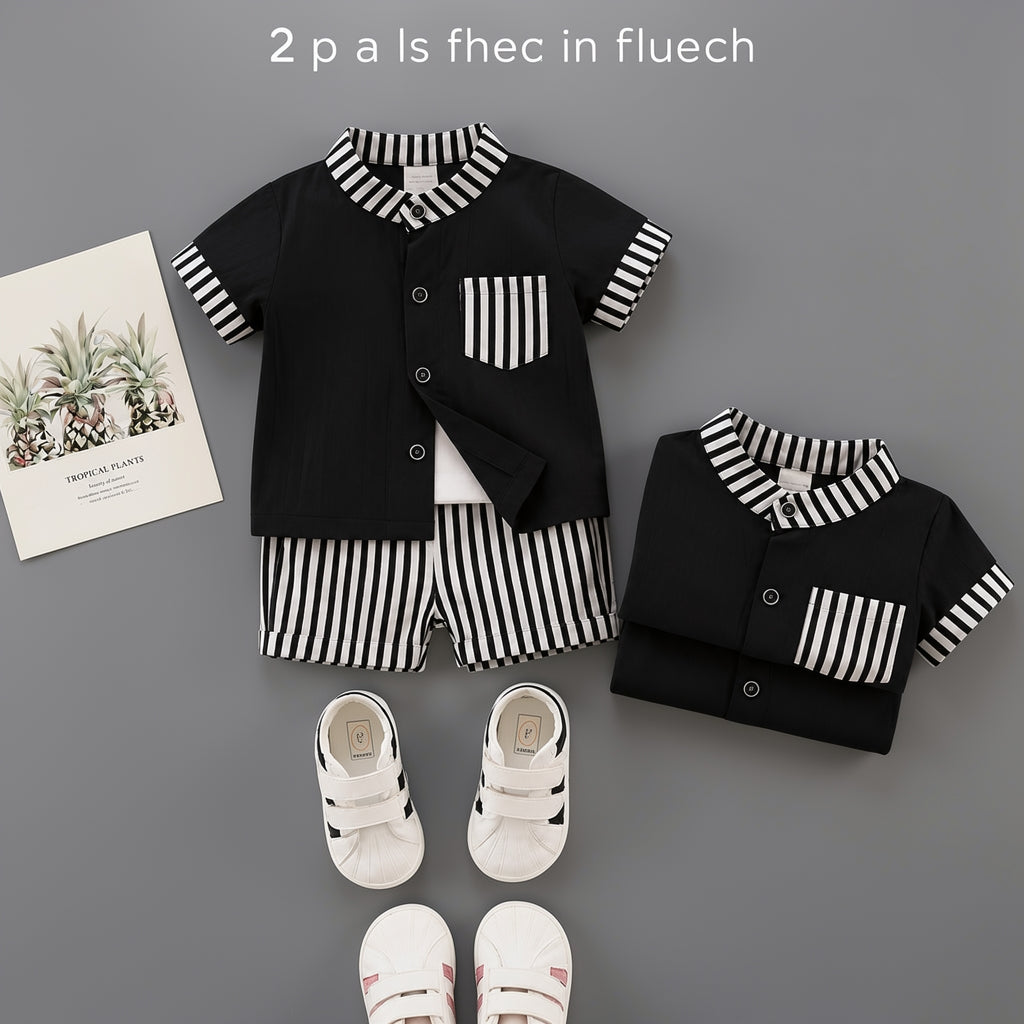 Stylish Kids Summer Co-ord Set | Black & White Striped Half Sleeve Shirt & Shorts Outfit
