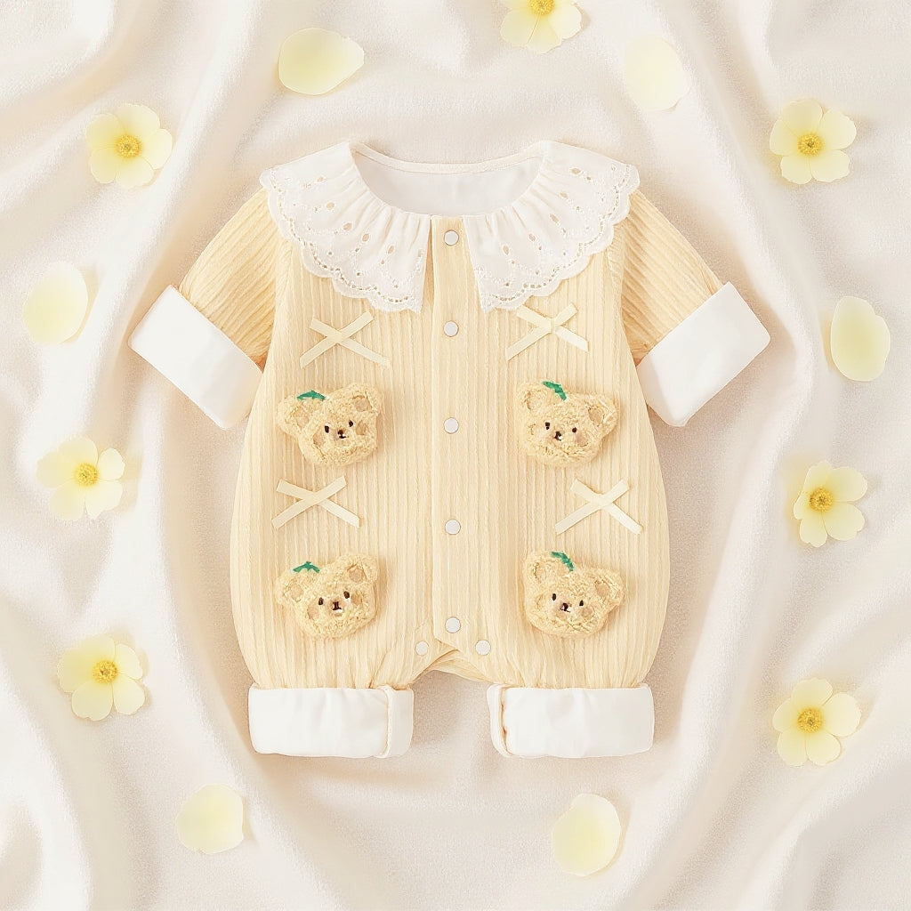 Summer Journey Baby Romper – Pink, Light Yellow & Beige Cute Teddy Cotton Outfit (C