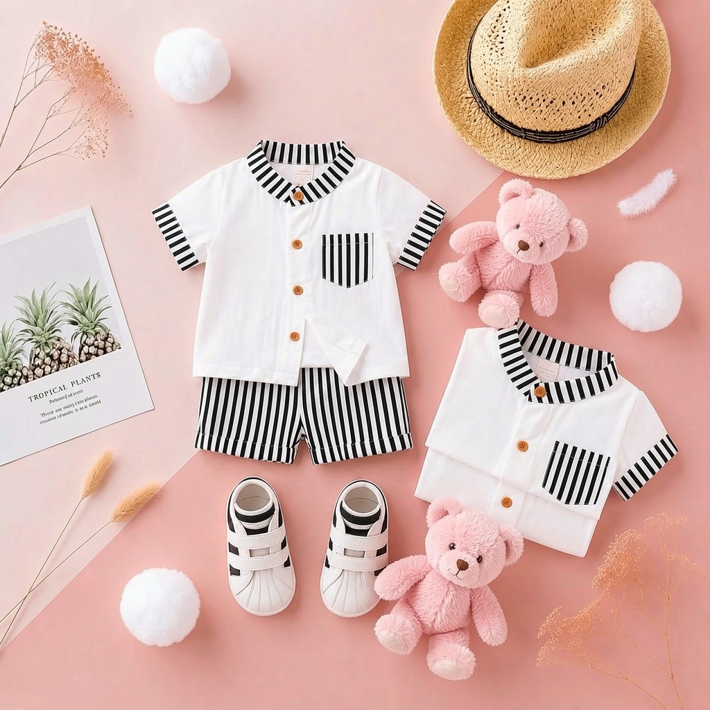 Stylish Kids Summer Co-ord Set | Black & White Striped Half Sleeve Shirt & Shorts Outfit