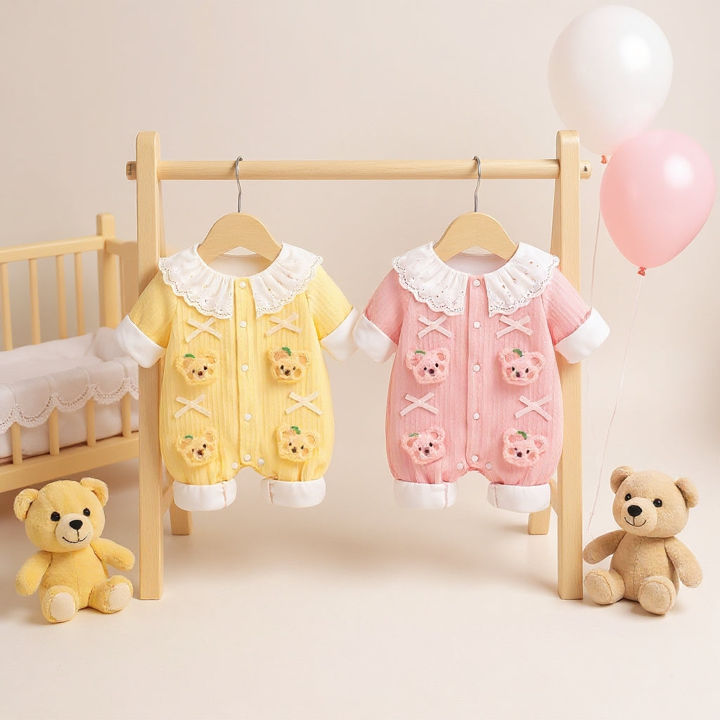 Summer Journey Baby Romper – Pink, Light Yellow & Beige Cute Teddy Cotton Outfit (C