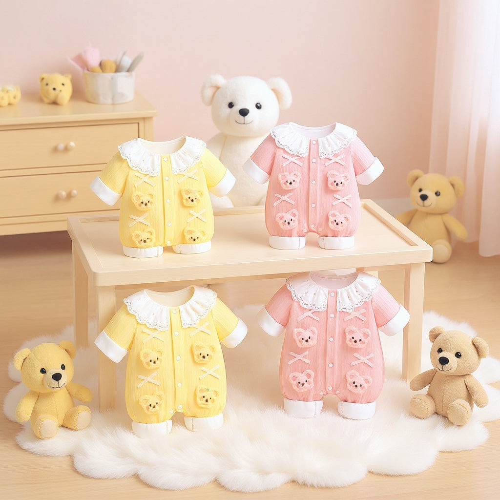 Summer Journey Baby Romper – Pink, Light Yellow & Beige Cute Teddy Cotton Outfit (C