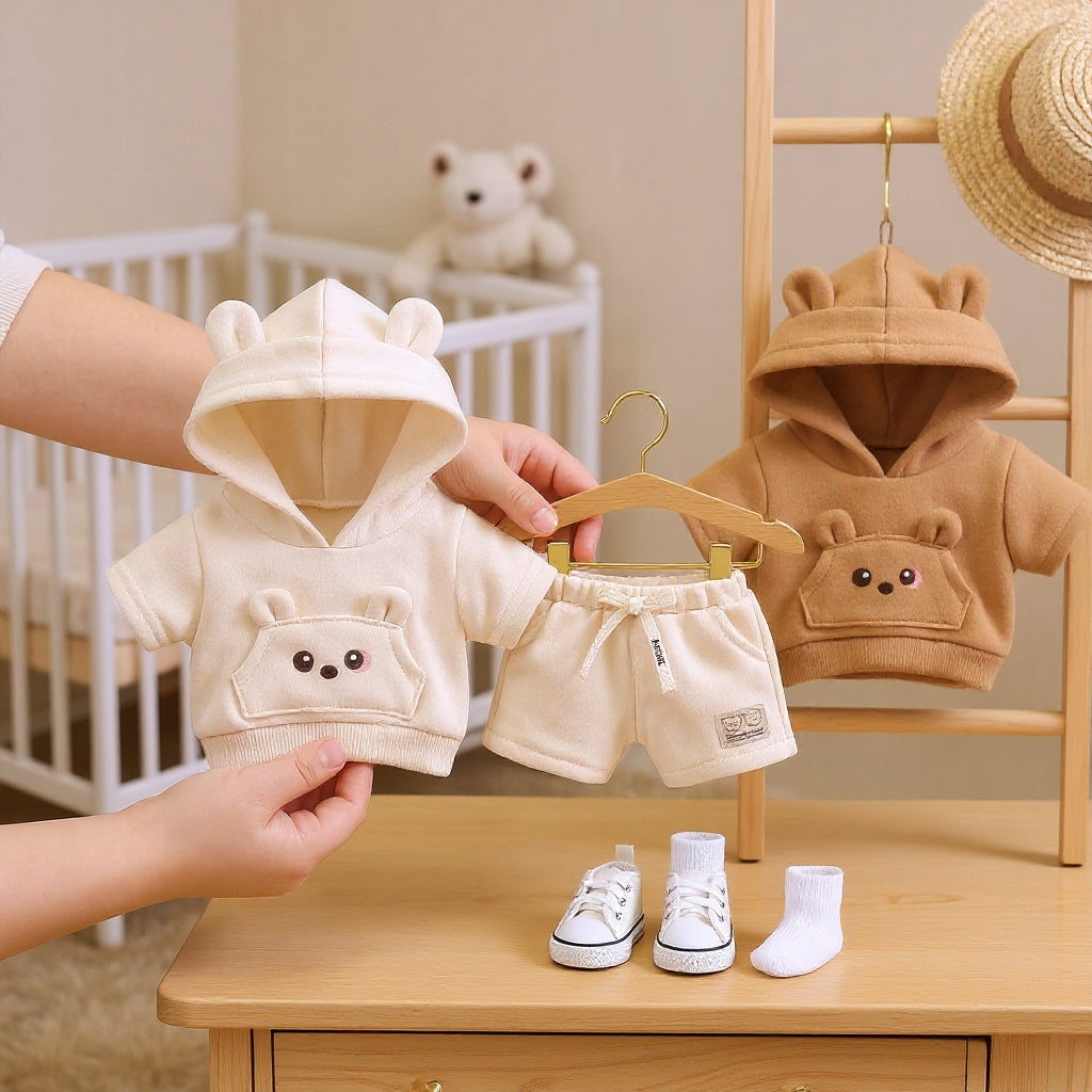 Adorable Bear-Ear Hoodie & Shorts Co-ord Set for Babies – Soft Cotton, Cute Pouch Pocket Design (Cream/Brown)