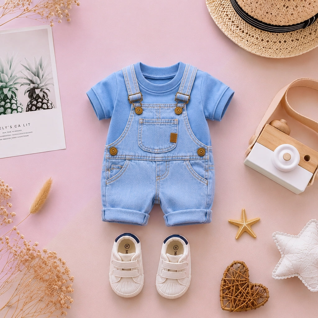 Baby Boy Denim Dungaree Set with Blue Tee 👶🩵