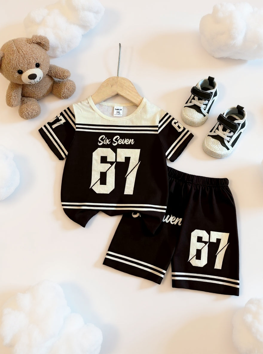 Cute Six Seven 67 Kids Summer Co-Ord Set | Soft Cotton T-Shirt & Shorts Outfit for Boys & Girls