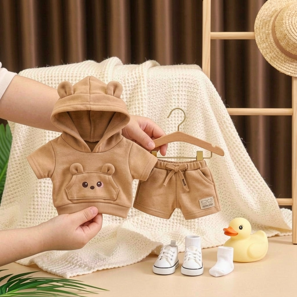 Adorable Bear-Ear Hoodie & Shorts Co-ord Set for Babies – Soft Cotton, Cute Pouch Pocket Design (Cream/Brown)